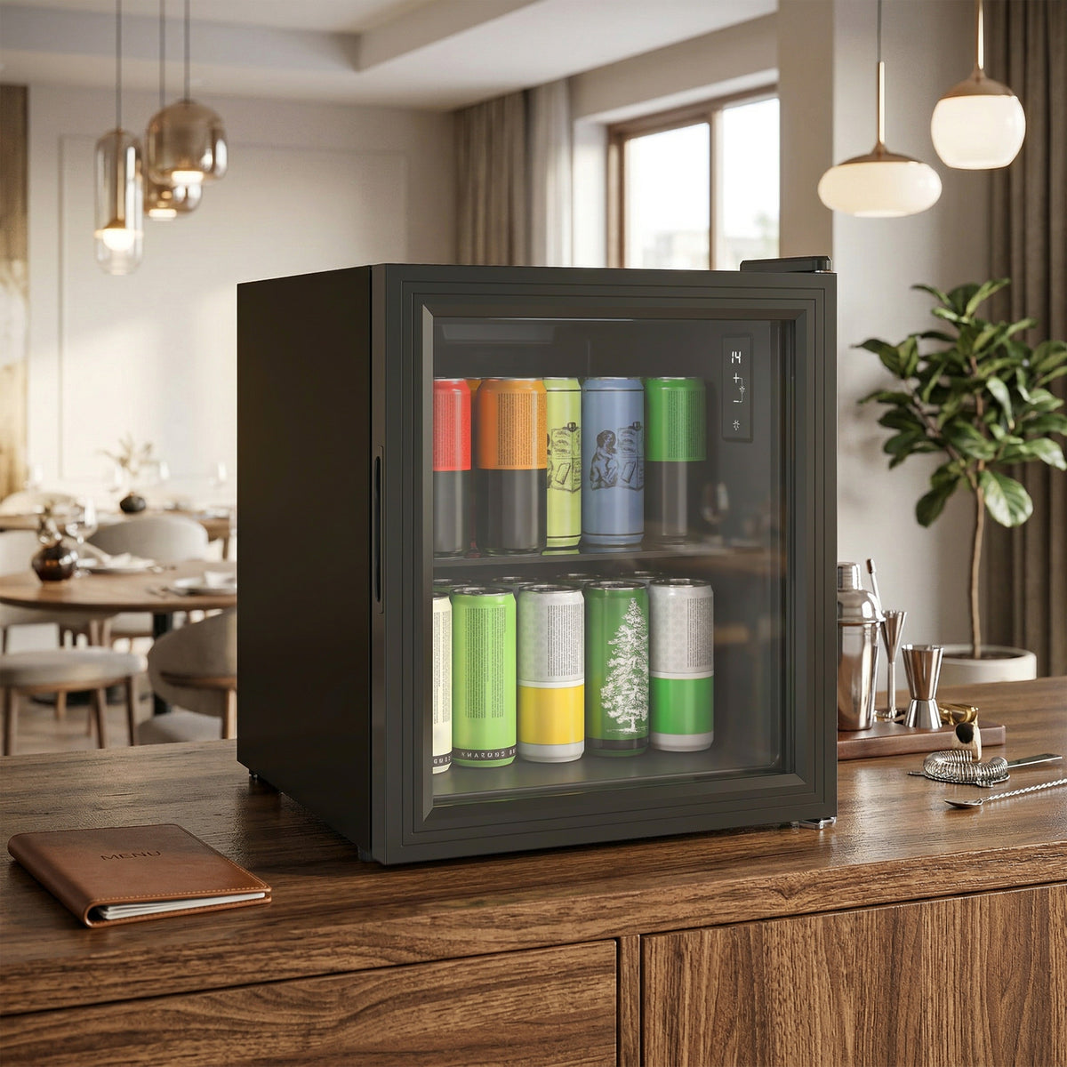 Réfrigérateur à boissons 46L 59 canettes, mini frigo silencieux pose libre avec porte en verre trempé double, noir-1