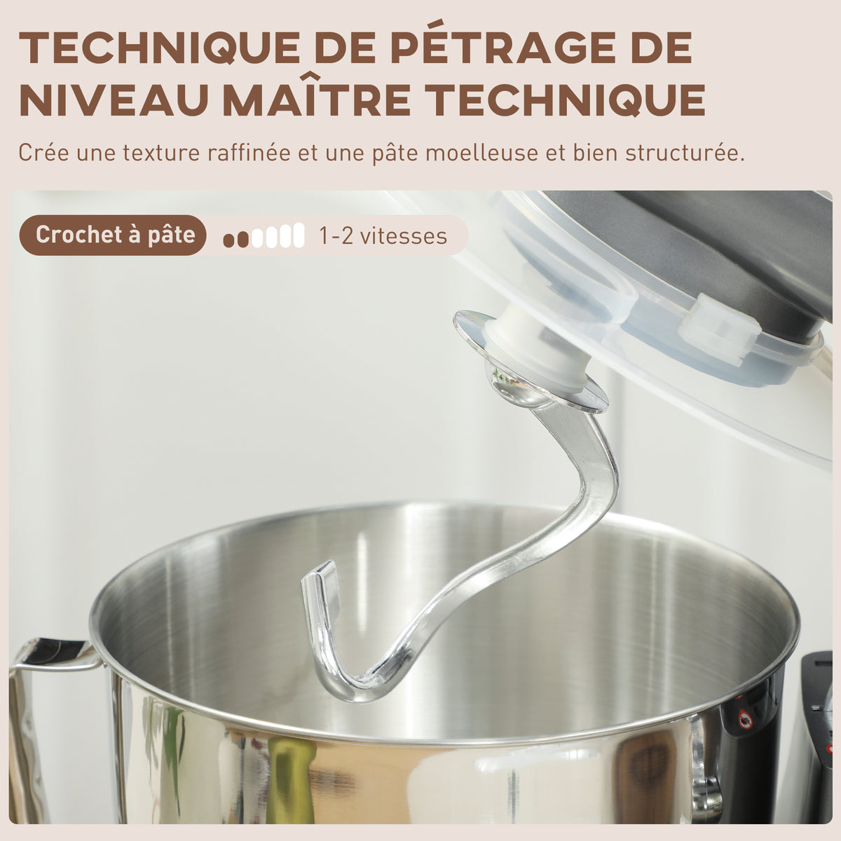 Robot pâtissier 1300 W, robot pétrin professionnel 4,5 L, bol d'acier inoxydable, 6+P vitesses et pulse, argent-4