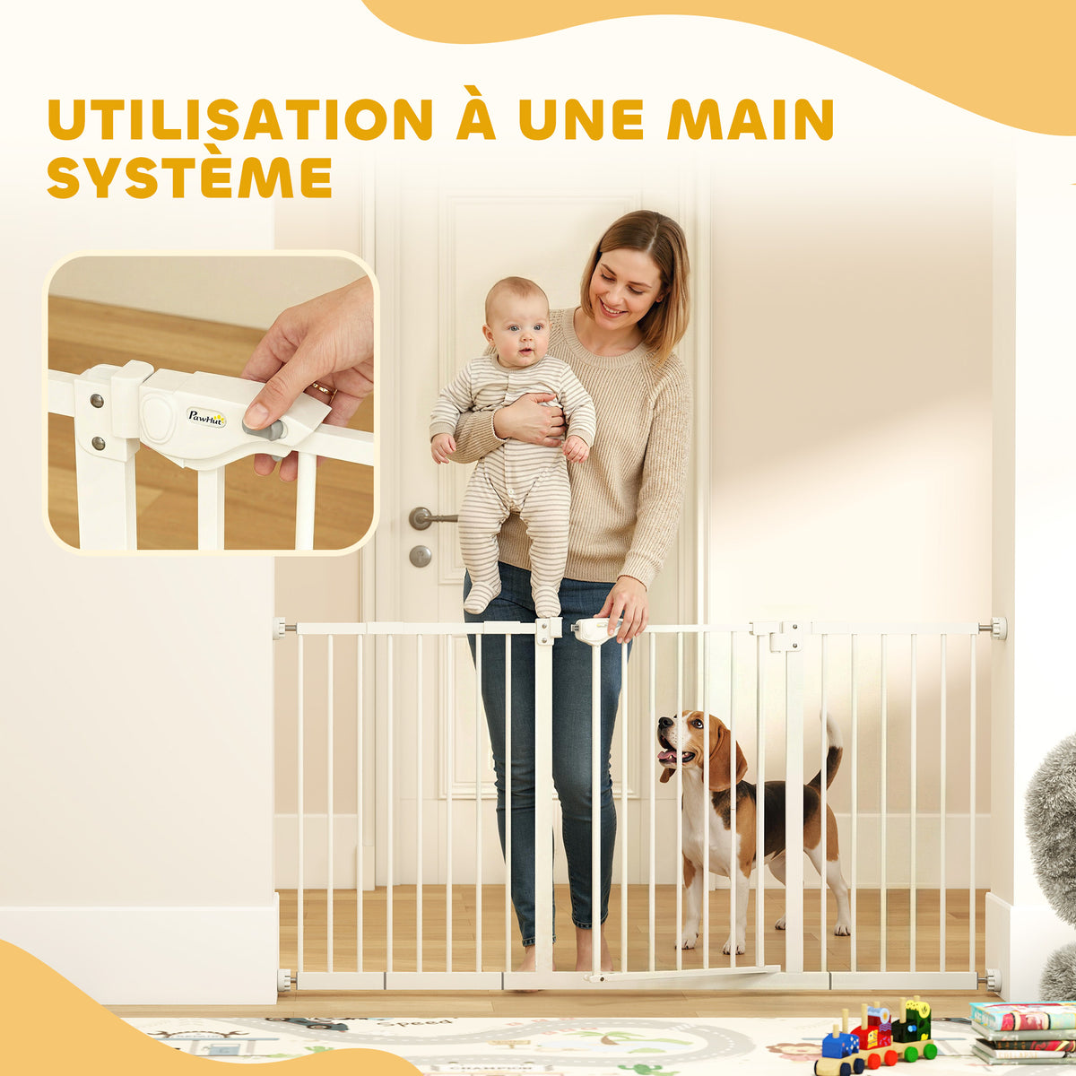 Barrière de sécurité animaux porte fermeture automatique système de double verrouillage sans perçage 3 extensions blanc-5