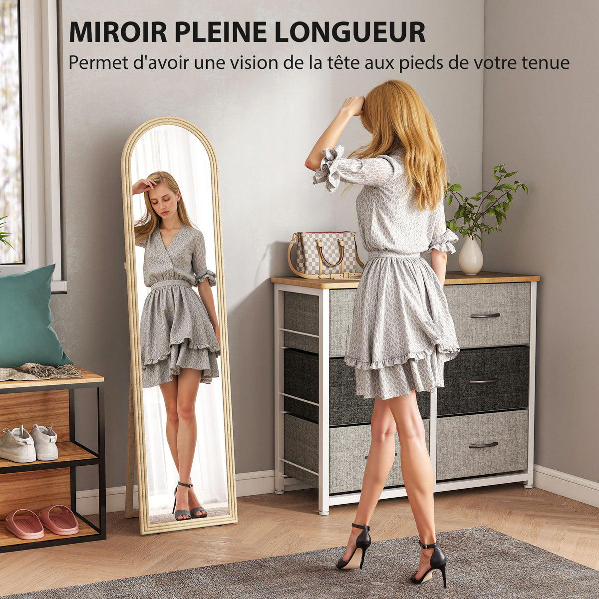 Miroir de sol arqué pleine longueur miroir sur pied cadre en effet imitation pierre pour salon chambre 40 x 160 cm beige-3