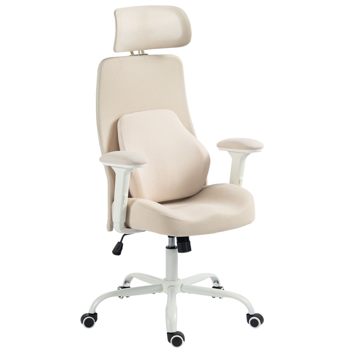 Chaise Bureau Ergonomique, Fauteuil Bureau en Maille, Soutien Lombaire à Mémoire de Forme, Accoudoirs Réglables, Beige-0