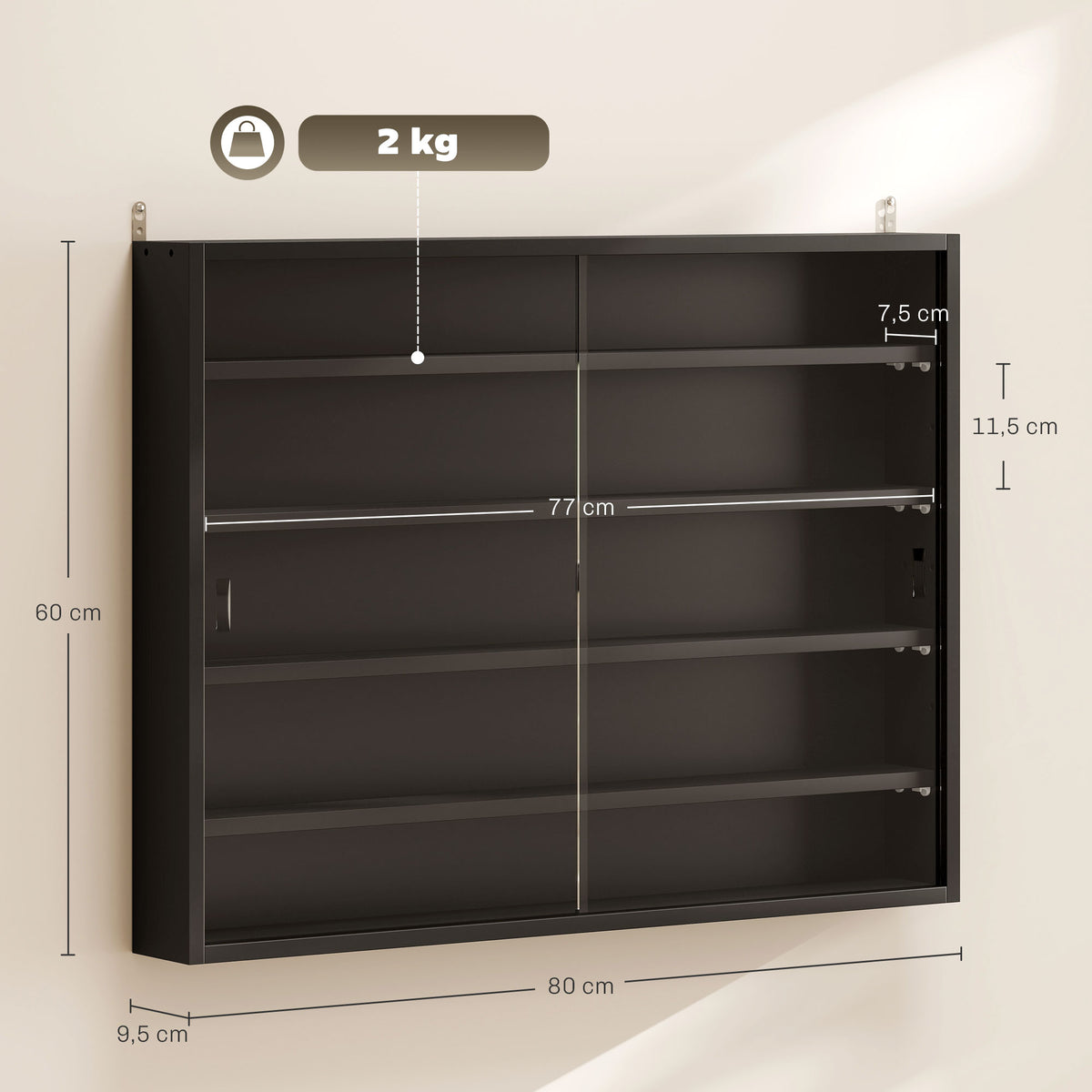 Vitrine murale pour objets de collection 5 étagère réglables en hauteur et 2 portes coulissantes 80 x 9,5 x 60 cm noir-2
