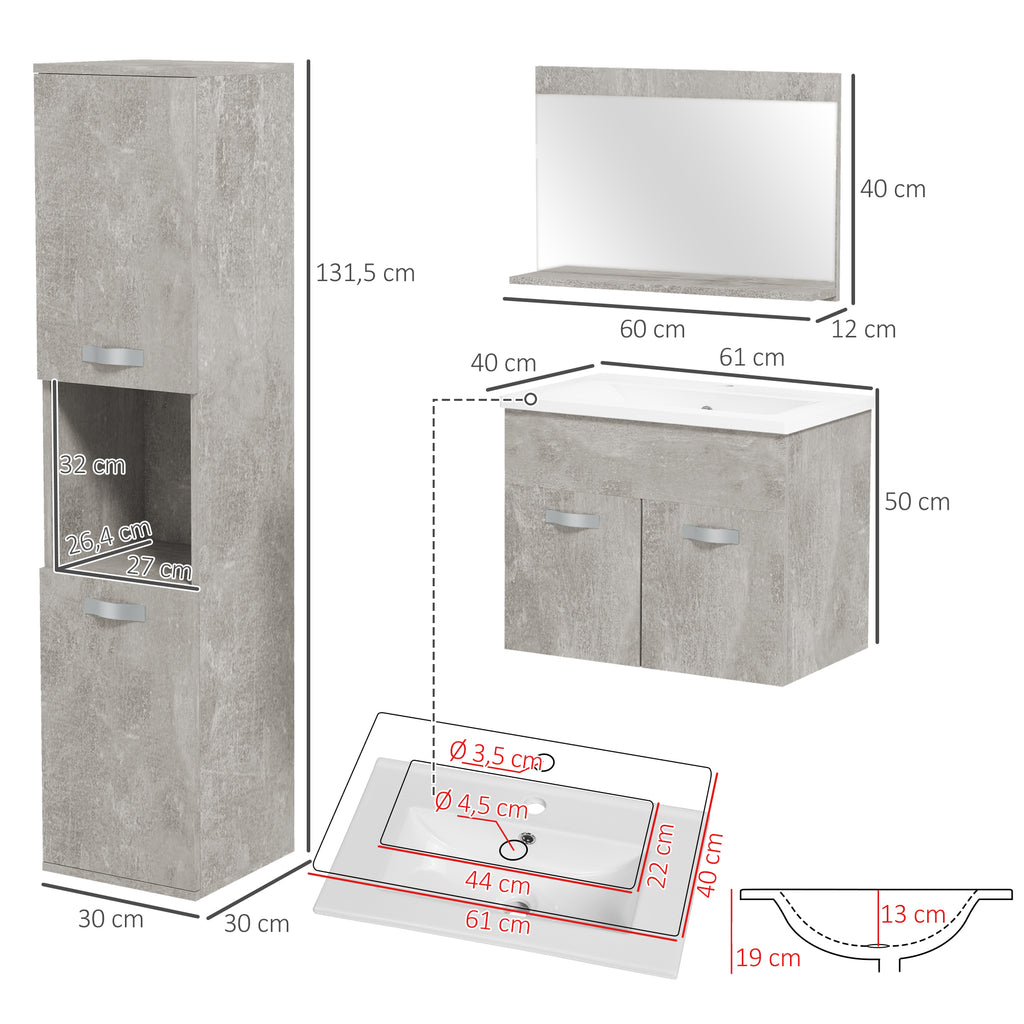 Ensemble de Meubles de Salle de Bain 4 Pièces, Mural, avec Miroir, Meuble sous Vasque, Lavabo et Armoire Haute, gris-2