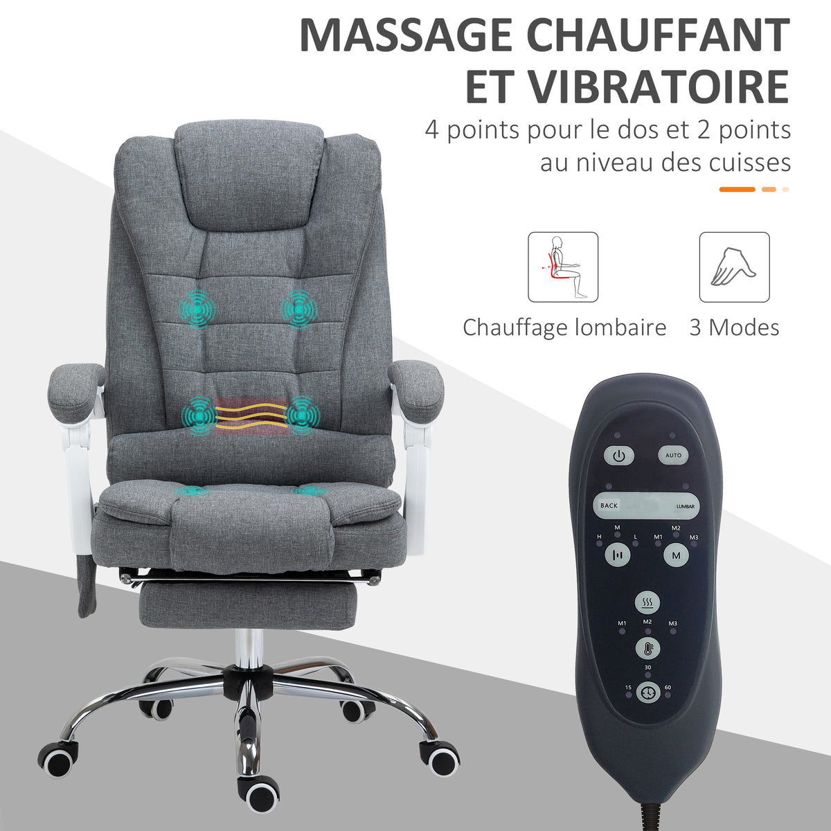 Fauteuil de bureau direction massant chauffant hauteur réglable dossier inclinable toile de lin gris-3