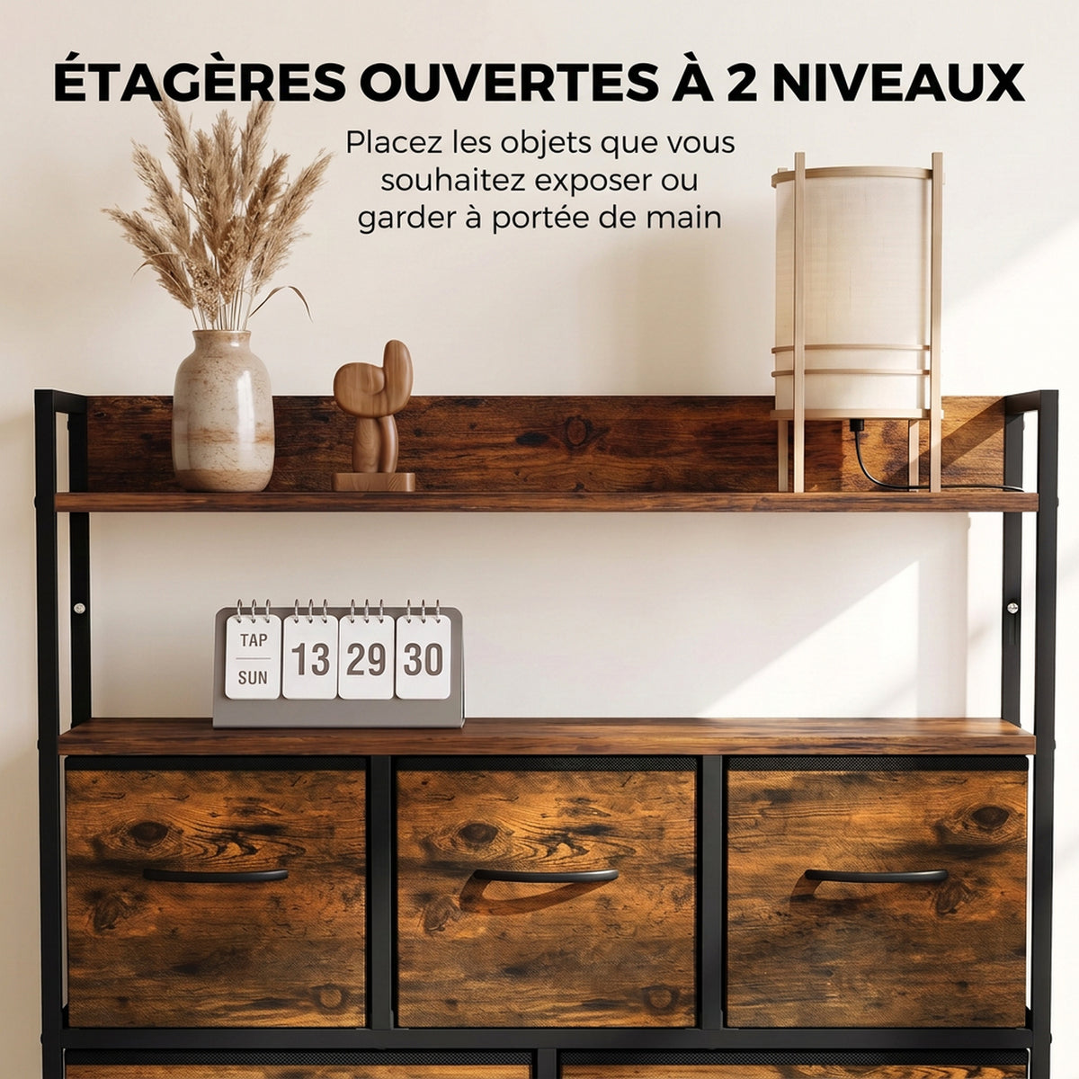 Meuble de rangement commode 7 tiroirs en tissu pliables et amovibles étagères ouvertes, brun rustique-4