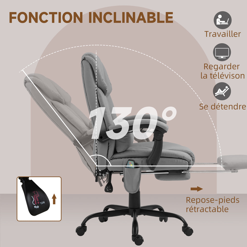 Fauteuil de bureau massant avec repose-pied, hauteur réglable, dossier inclinable, télécommande filaire, pivotant à 360°-4