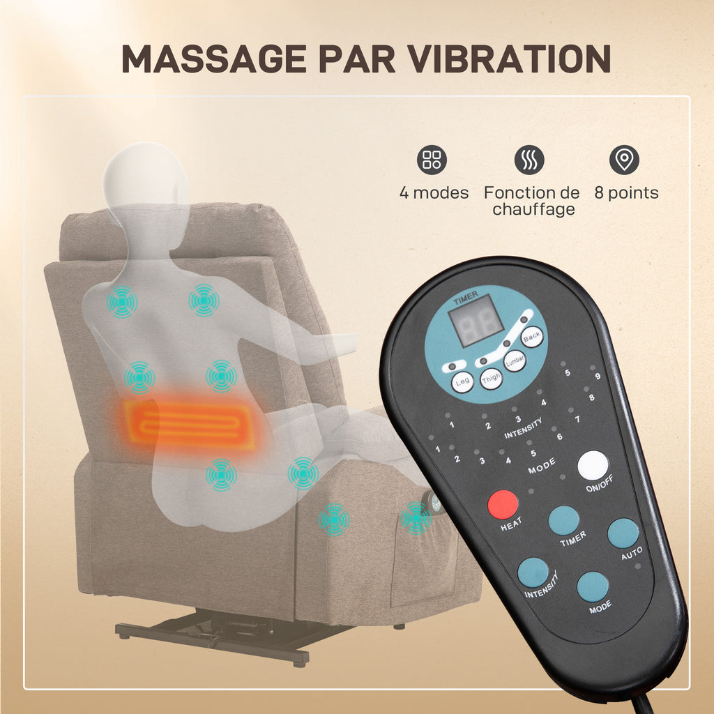 Fauteuil releveur électrique inclinable avec repose-pied et télécommande, tissu polyester aspect lin marron-4