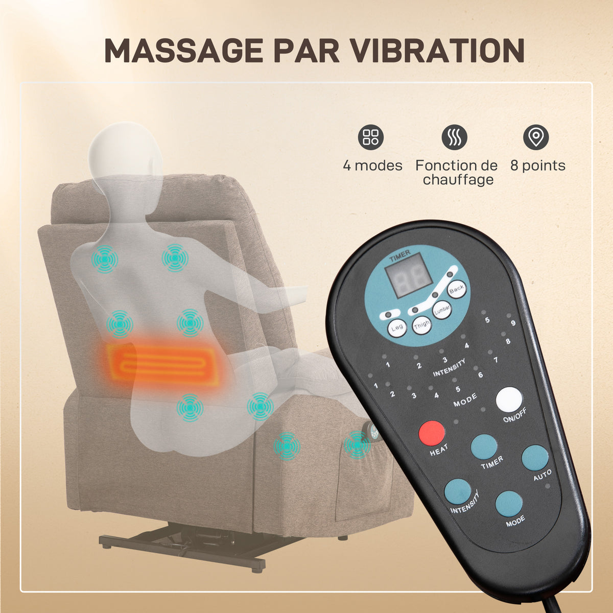 Fauteuil releveur électrique inclinable avec repose-pied et télécommande, tissu polyester aspect lin marron-4