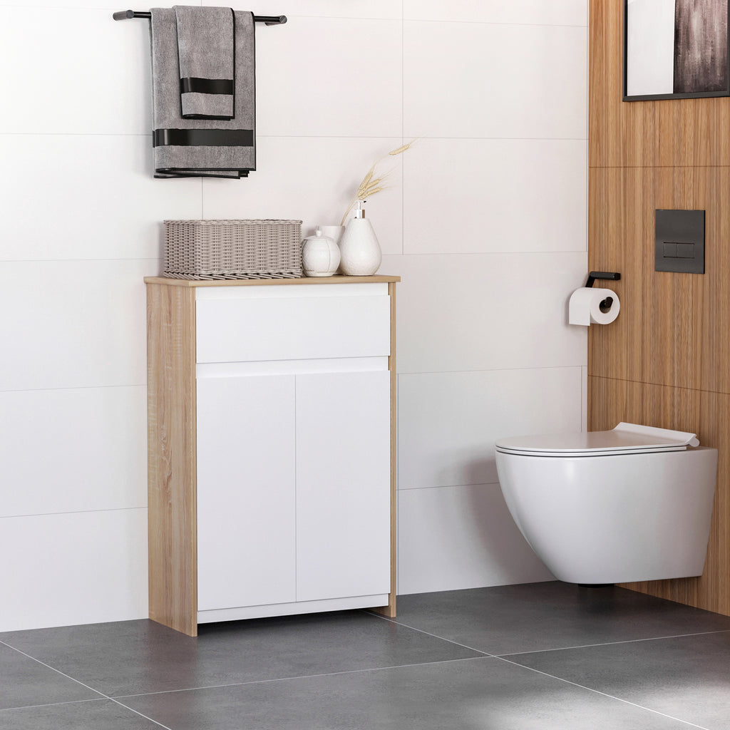 Meuble de salle de bain, meuble de rangement, tiroir et placard double porte, 60x30x90cm, blanc et effet bois naturel-6