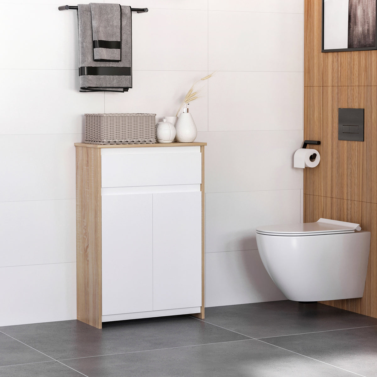 Meuble de salle de bain, meuble de rangement, tiroir et placard double porte, 60x30x90cm, blanc et effet bois naturel-6