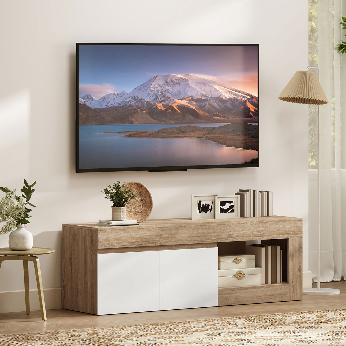 Meuble TV 2 portes pour téléviseurs jusqu'à 60 pouces, meuble télé avec placard et étagère ouverte, effet bois naturel-1