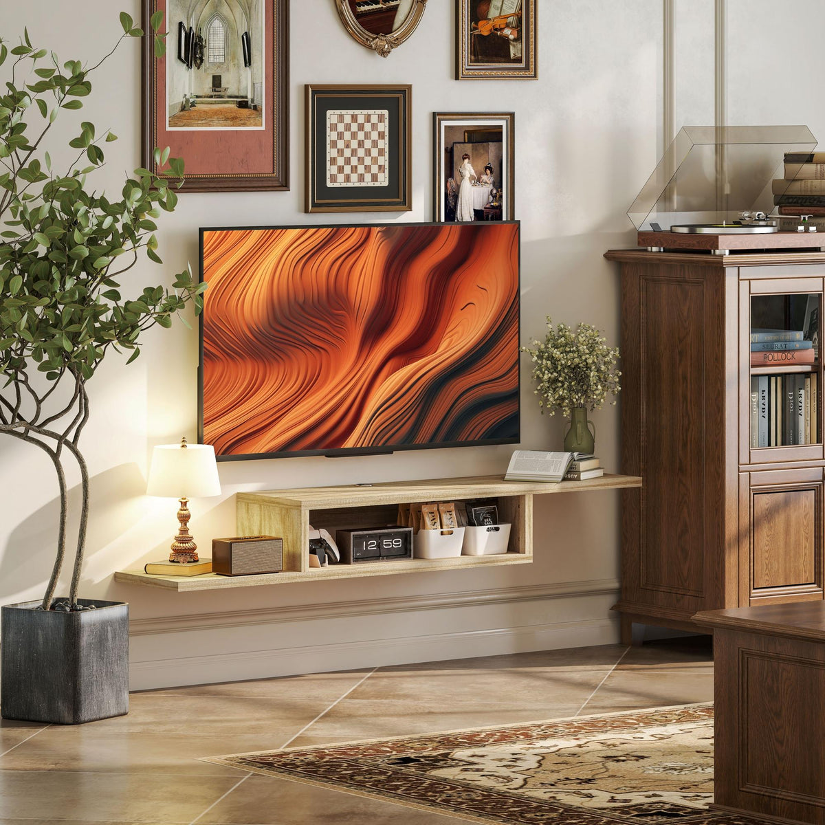 Meuble TV mural flottant suspendu support TV - étagère murale flottante - niche, passe-fils - chêne clair-1