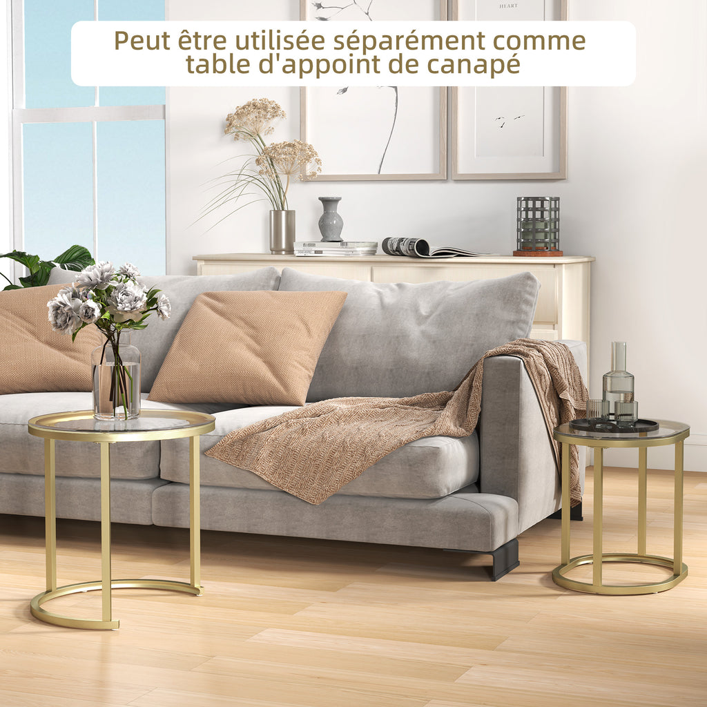 Lot de 2 tables basses tables d'appoint gigognes encastrables structure en acier et plateau verre trempé transparent or-6