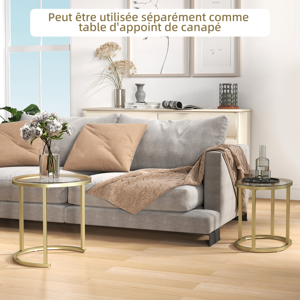 Lot de 2 tables basses tables d'appoint gigognes encastrables structure en acier et plateau verre trempé transparent or-6