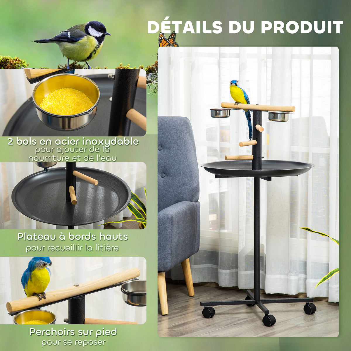 Perchoir perroquet mangeoire à oiseaux sur pied 4 roulettes, 2 mangeoires en acier inoxydable, Ø 60 x 111 cm, gris-4