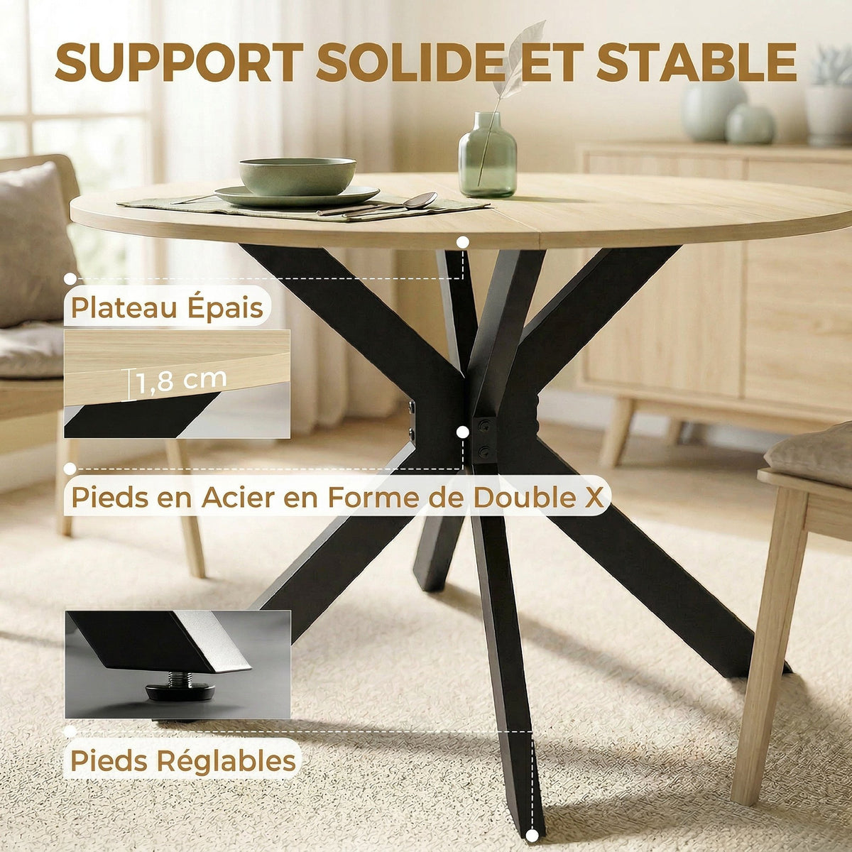 Table à manger pliante pour 2 à 6 personnes, table de cuisine ronde avec pieds croisés en acier, bois naturel-4