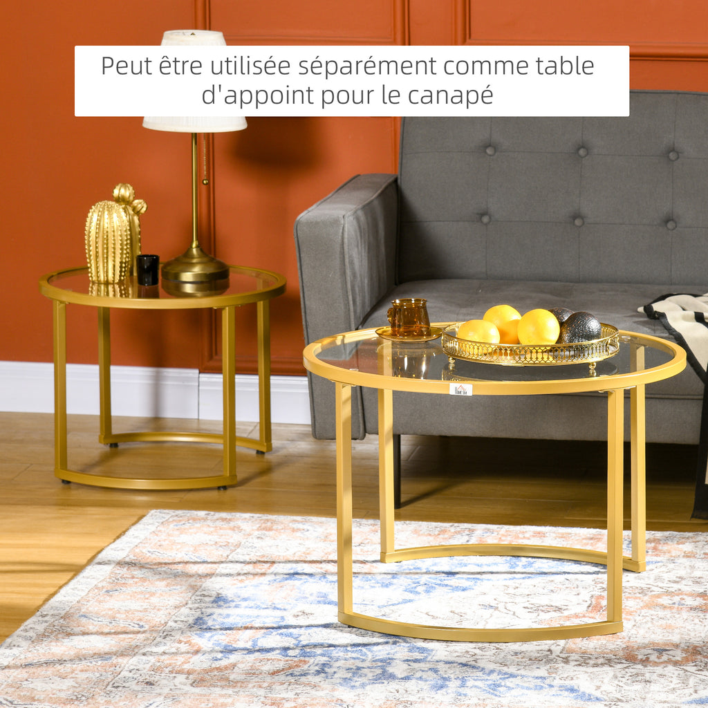 Lot de 2 tables basses gigognes rondes plateau verre trempé et pied en acier au carbone doré-5