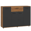 Buffet salon meuble de rangement avec 4 placards, tiroirs et étagères réglables, dim. 120 x 35 x 85 cm, marron et noir-0