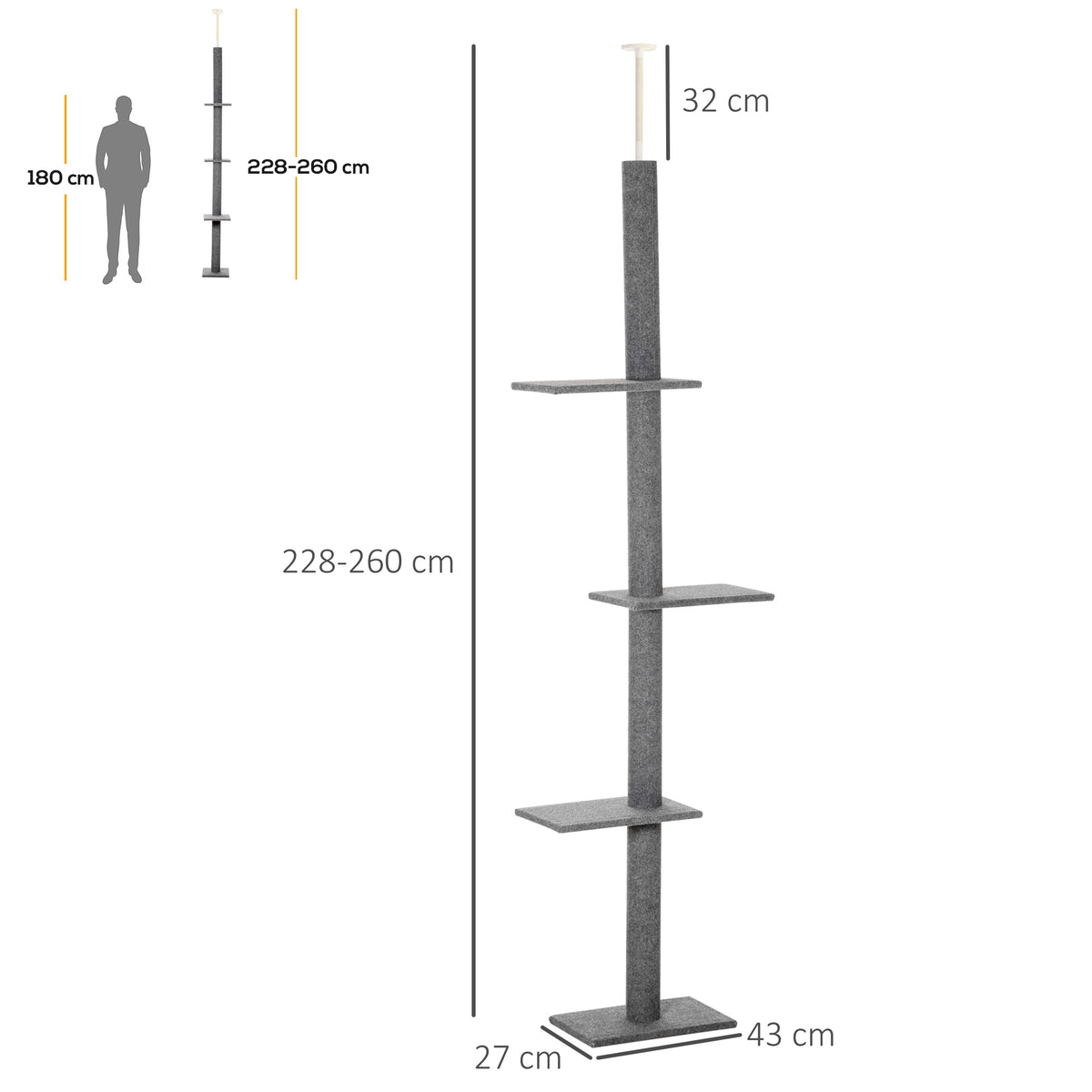 Arbre à chat du sol au plafond poteau à griffer hauteur réglable dim. 43L x 27I x 228-260H cm 4 niveaux d'activités gris-2