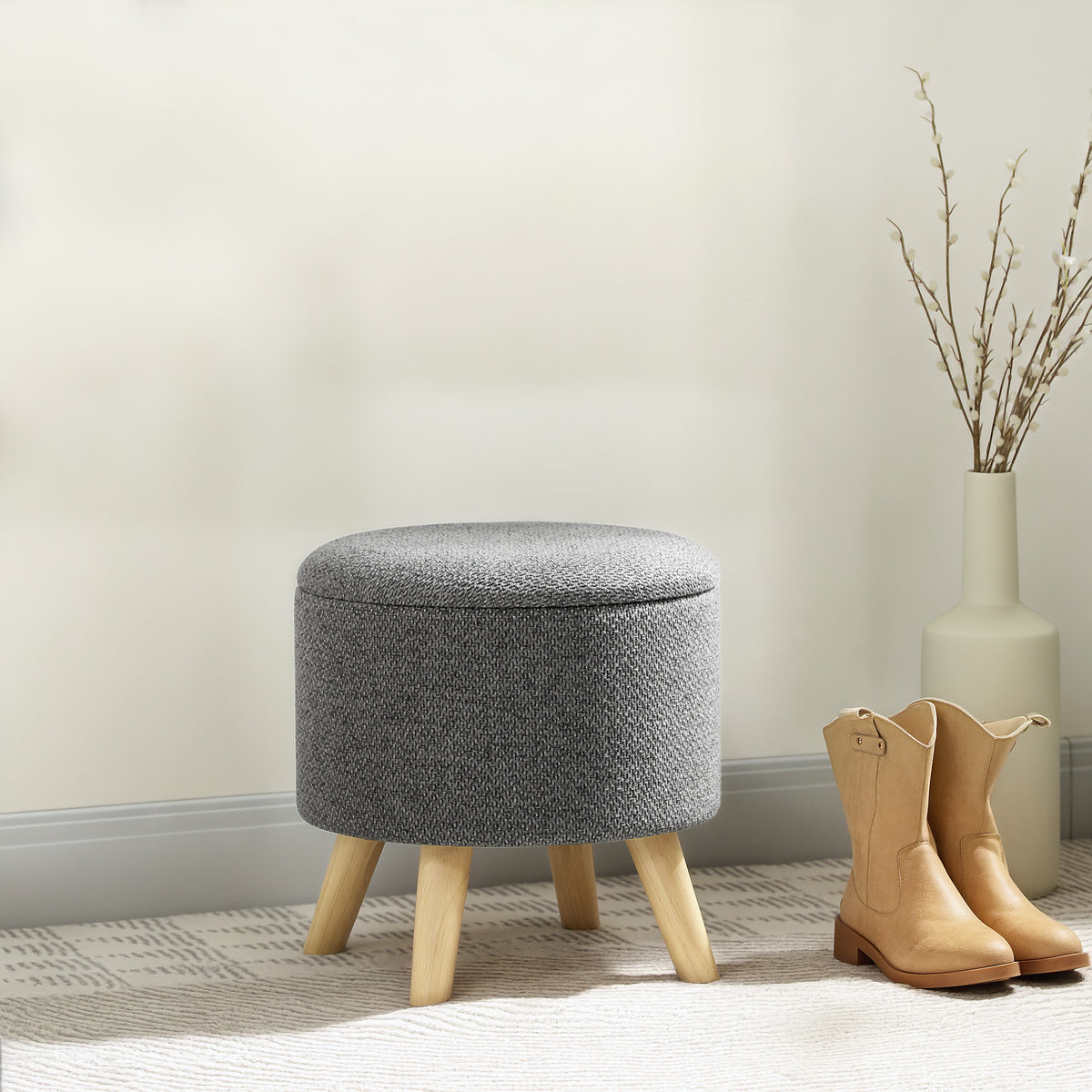 Pouf rond repose-pieds tabouret avec coffre de rangement pieds en bois design moderne gris-1