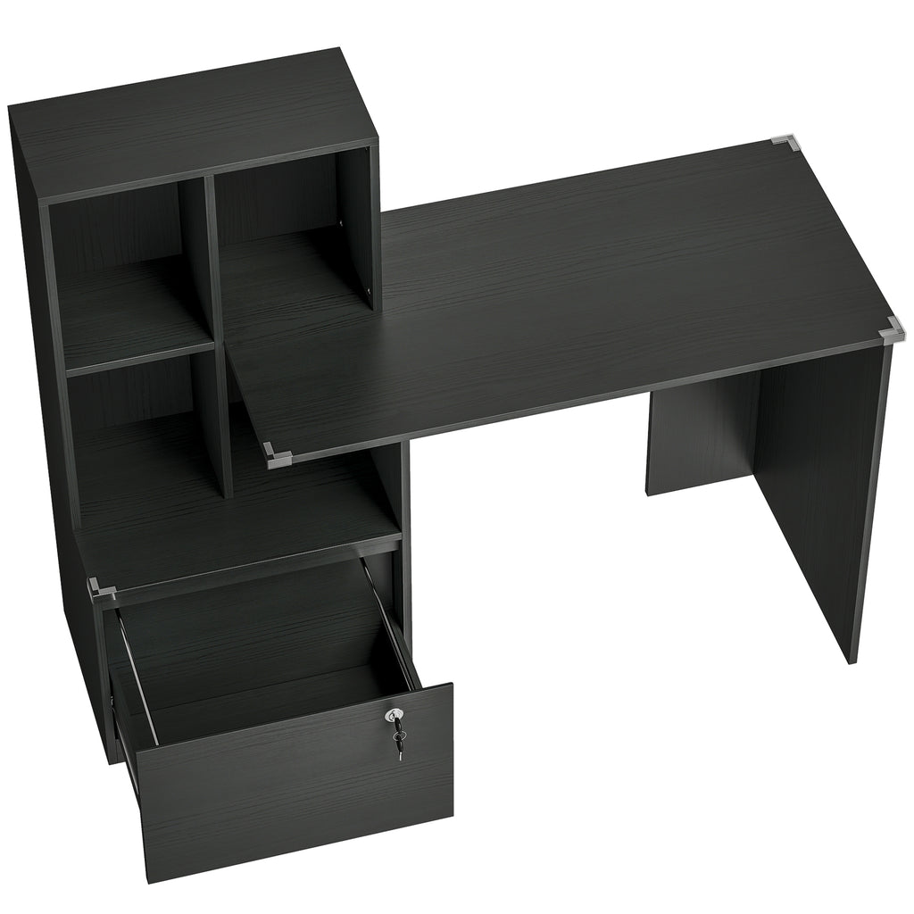 Bureau d'ordinateur avec bibliothèque 4 compartiments et tiroir verrouillable, 126 x 50 x 109 cm, noir-0