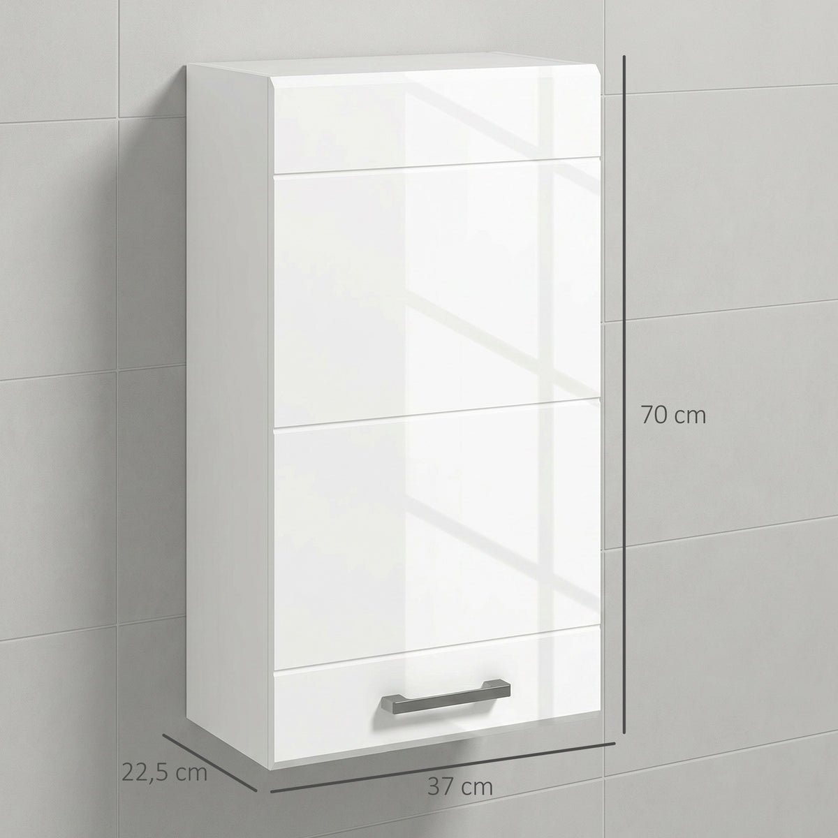 Armoire murale de salle de bain 1 porte avec étagère réglable en hauteur 3 niveaux 37 x 22,5 x 70 cm blanc haut brillant-2