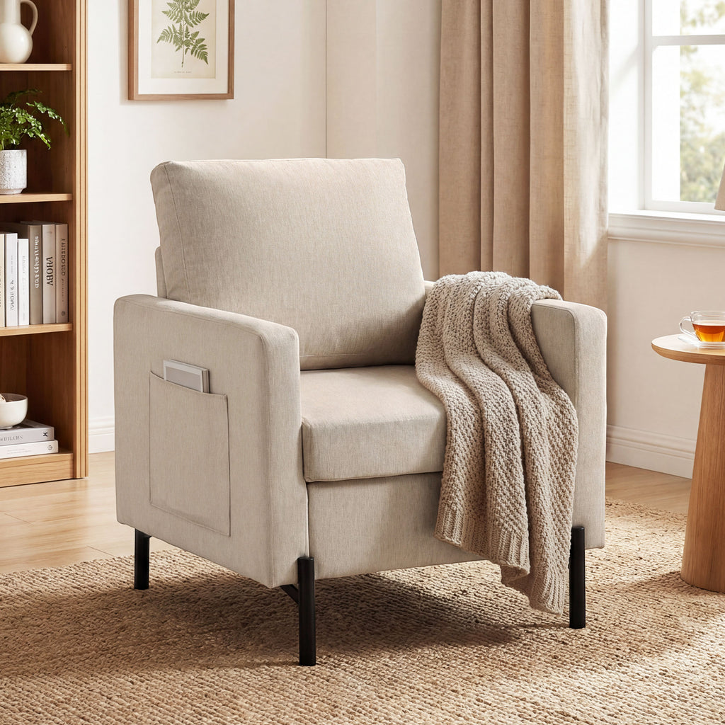 Fauteuil de salon, canapé 1 place rembourré avec accoudoirs, assise large et pieds en acier, 73 x 77 x 87 cm, beige-9