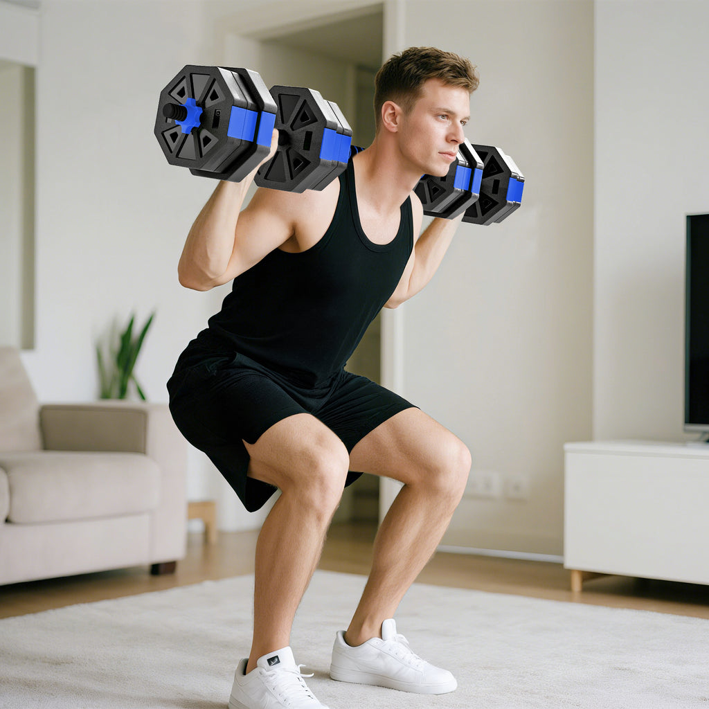 Ensemble d'haltères musculation 6-en-1 haltère réglable 20 kg kettlebell, barre de musculation support pour pompes bleu-9