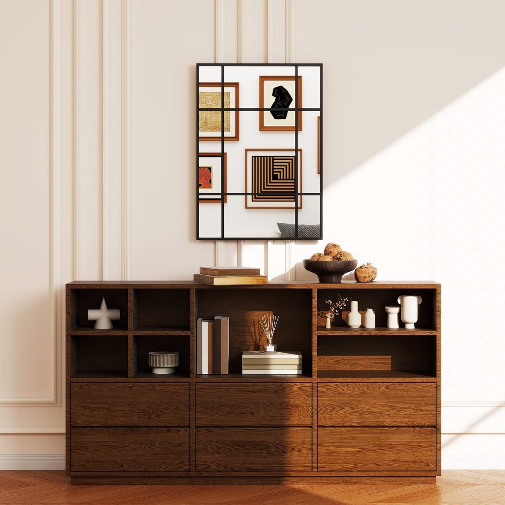Miroir mural verrière rectangulaire style fenêtre, horizontal ou vertical avec 4 crochets, en métal noir - 50x70 cm-8