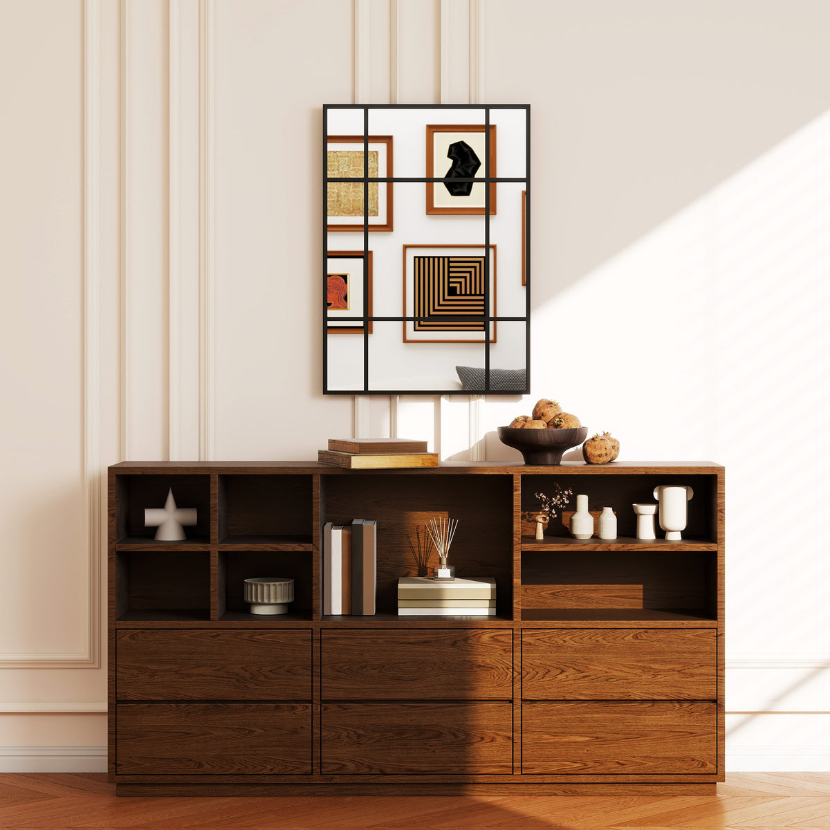 Miroir mural verrière rectangulaire style fenêtre, horizontal ou vertical avec 4 crochets, en métal noir - 50x70 cm-8