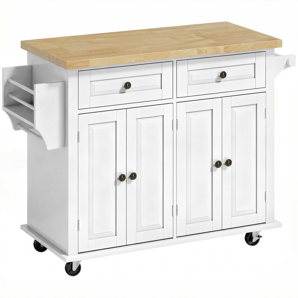 Îlot Central Cuisine avec Plateau en Hévéa, Desserte de Cuisine sur Roulettes avec 2 Tiroirs, 111 x 44,5 x 82,5cm, blanc-0