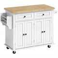 Îlot Central Cuisine avec Plateau en Hévéa, Desserte de Cuisine sur Roulettes avec 2 Tiroirs, 111 x 44,5 x 82,5cm, blanc-0