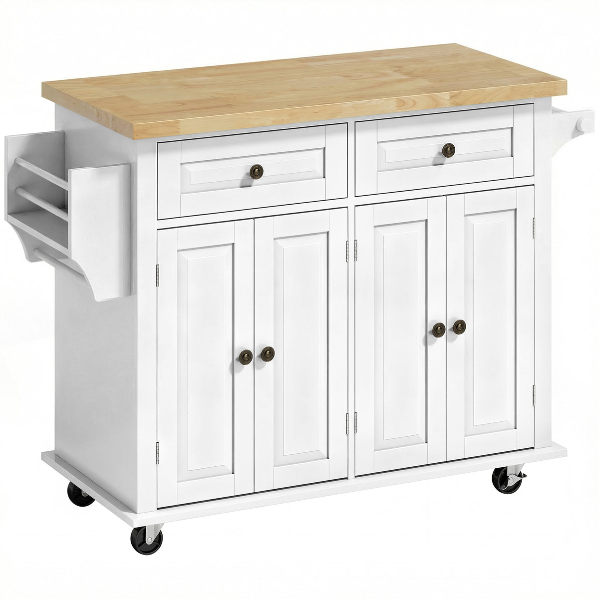 Îlot Central Cuisine avec Plateau en Hévéa, Desserte de Cuisine sur Roulettes avec 2 Tiroirs, 111 x 44,5 x 82,5cm, blanc-0