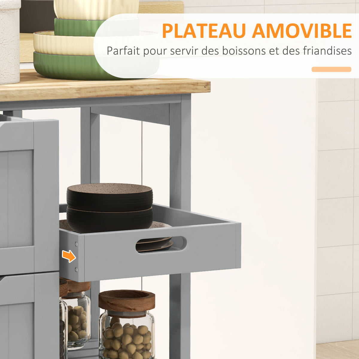 Chariot desserte de cuisine à roulettes plan de travail en bois 3 tiroirs et 1 plateau amovible 67 x 37 x 85,5 cm gris-4