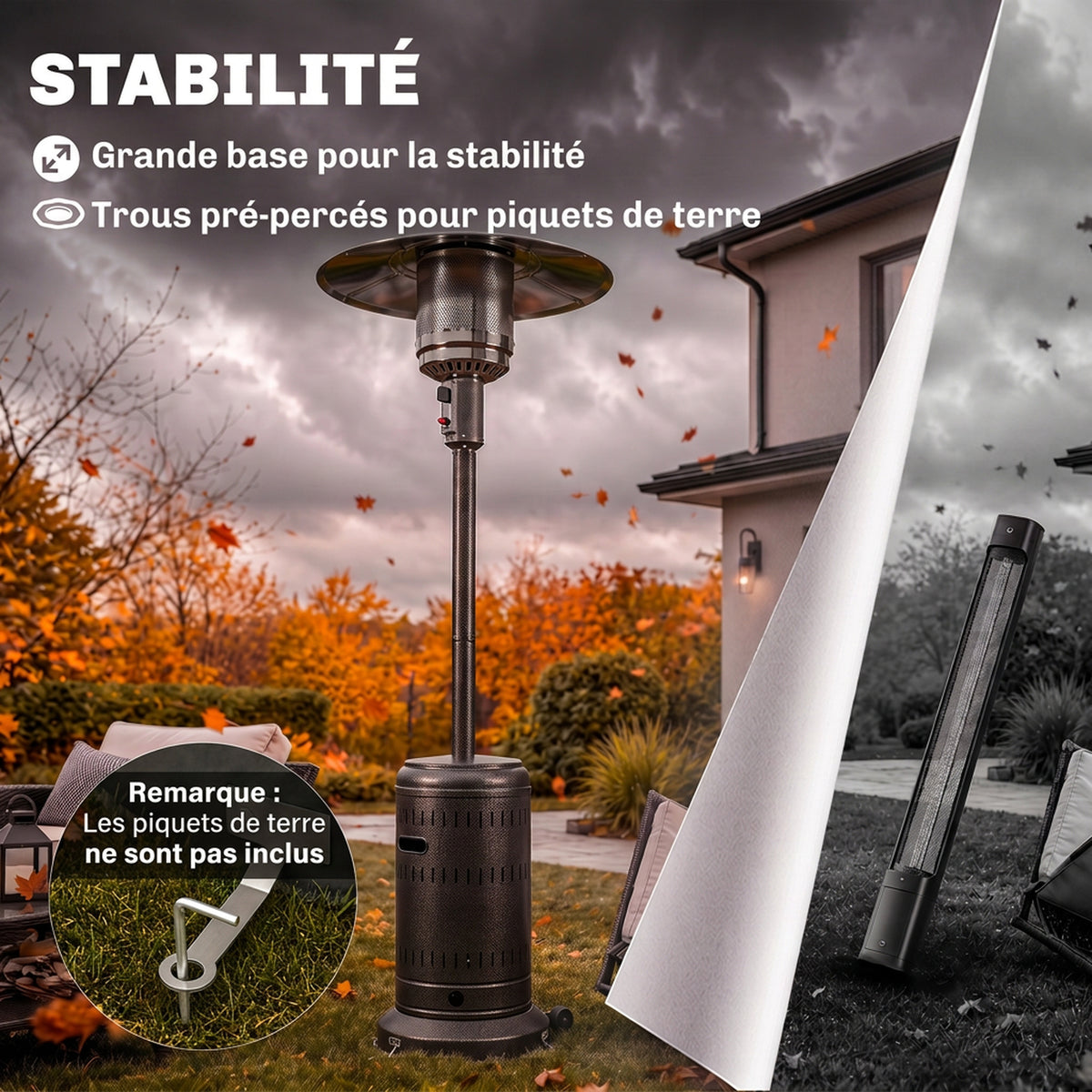 Chauffage Extérieur Terrasse Portable 13 kW, Niveaux de Chauffe Réglables, Anti-Basculement, 82x82x223cm, Marron Foncé-6