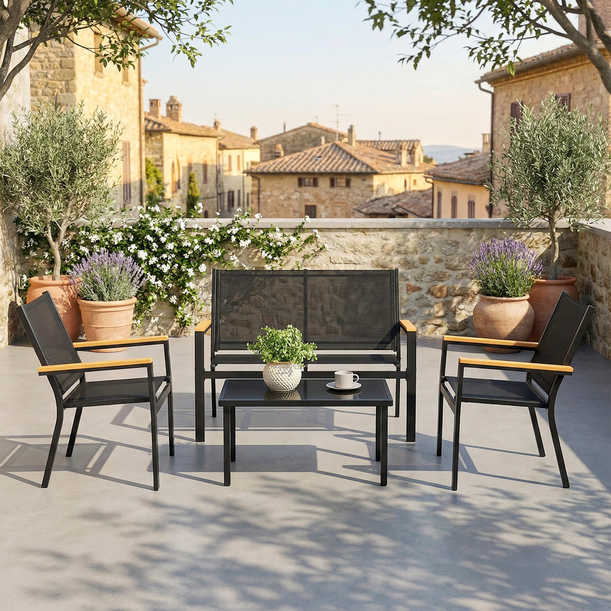 Salon de jardin extérieur 4 pièces avec canapé 2 places, 2 chaises et table basse en verre trempé, noir-1