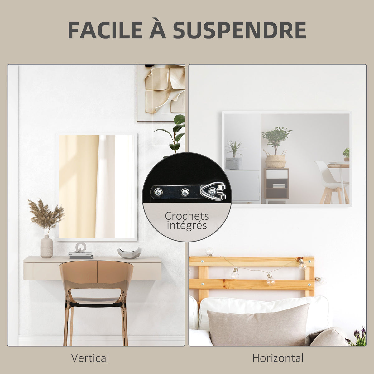 Miroir mural rectangulaire 60 x 80 cm, cadre en MDF, idéal pour la salle de bain, salon ou chambre, blanc-4