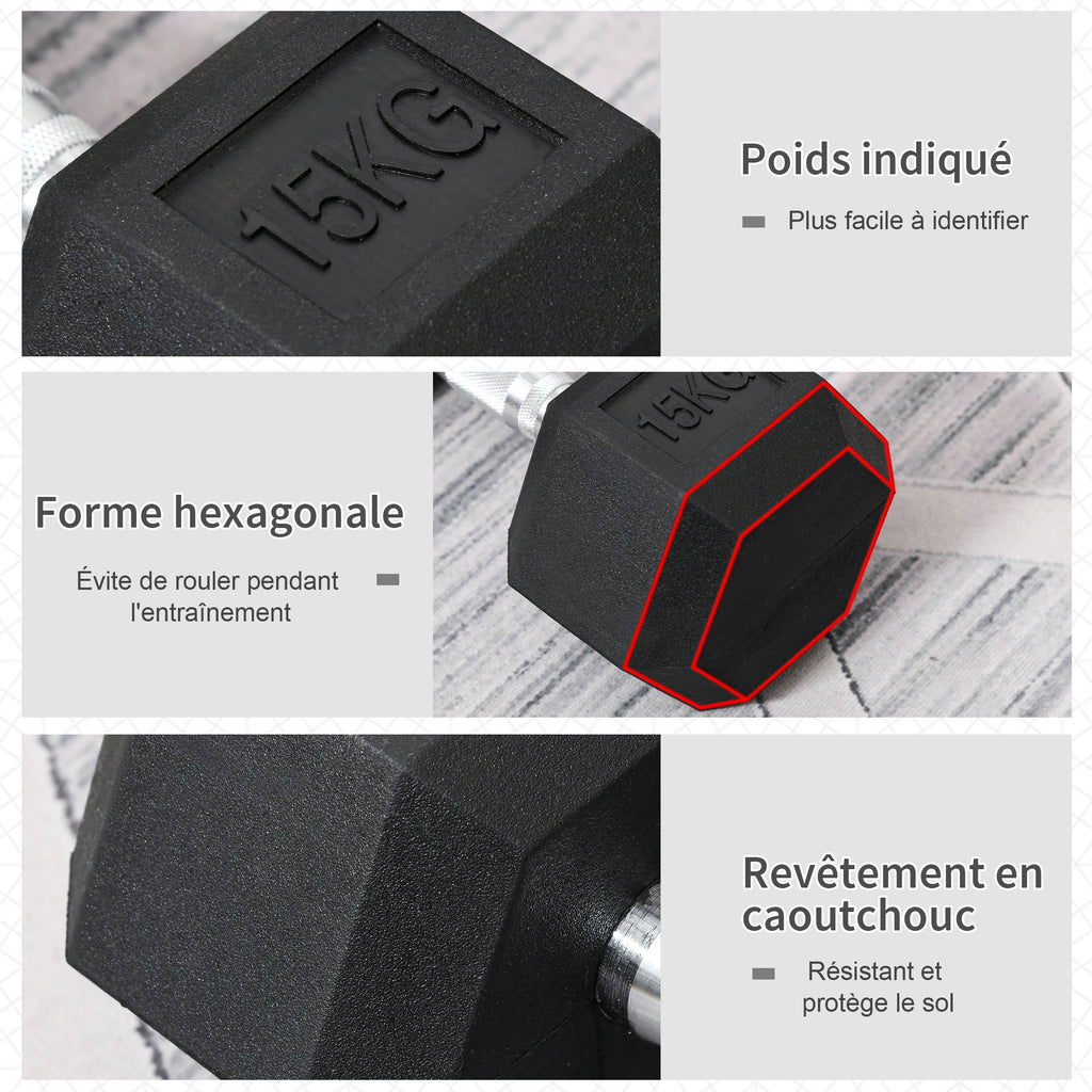 Haltère courte poids 15 Kg - 1 pièce, Haltère hexagonale entraînement musculaire & haltérophilie - métal caoutchouc noir-3