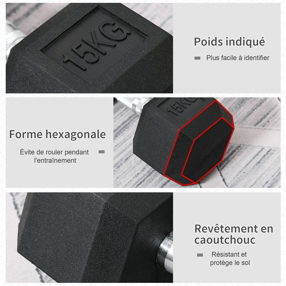 Haltère courte poids 15 Kg - 1 pièce, Haltère hexagonale entraînement musculaire & haltérophilie - métal caoutchouc noir-3