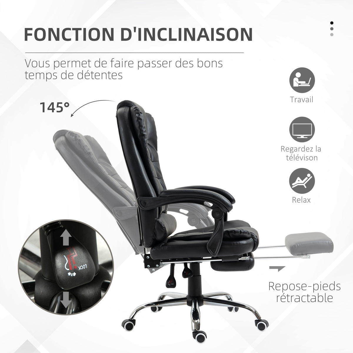 Fauteuil de bureau fauteuil manager grand confort dossier inclinable roulettes P.U 64,5 x 69 x 117 cm noir-4