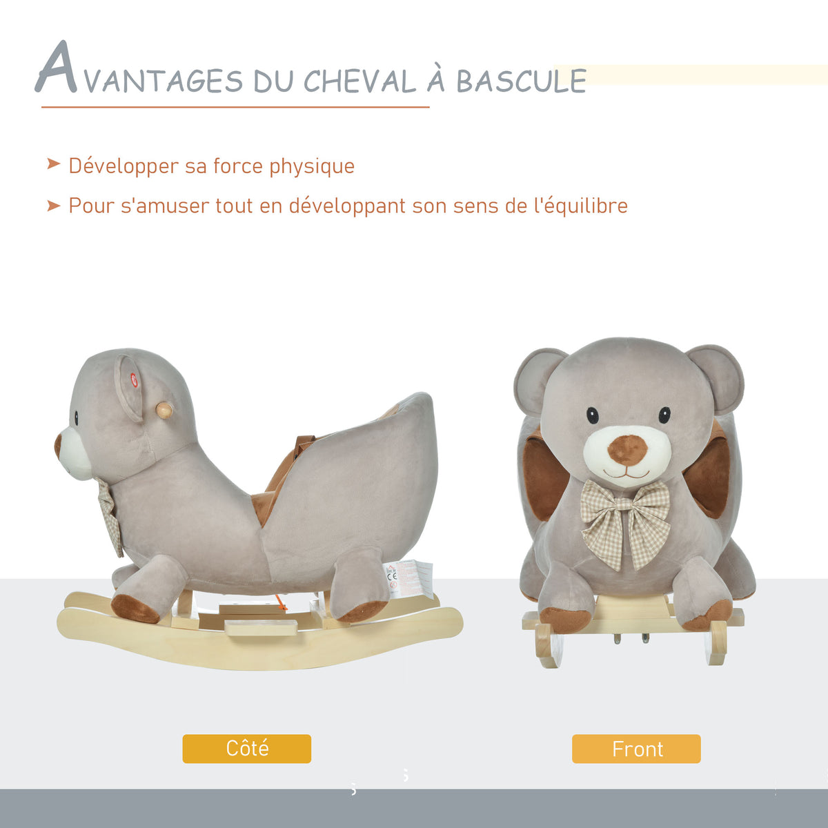 Cheval à Bascule Jouet à Bascule Ourson pour Enfants de 18-36 Mois Fauteuil intégré Ceinture de sécurité Fonction sonore grognement Gris Marron-4