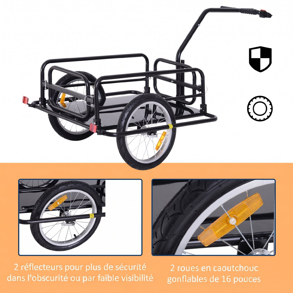 Remorque vélo remorque de transport pour vélo 70 L 155L x 71,5l x 77H cm poignée barre d'attelage universelle pliable acier Charge max. 40 Kg noir-5