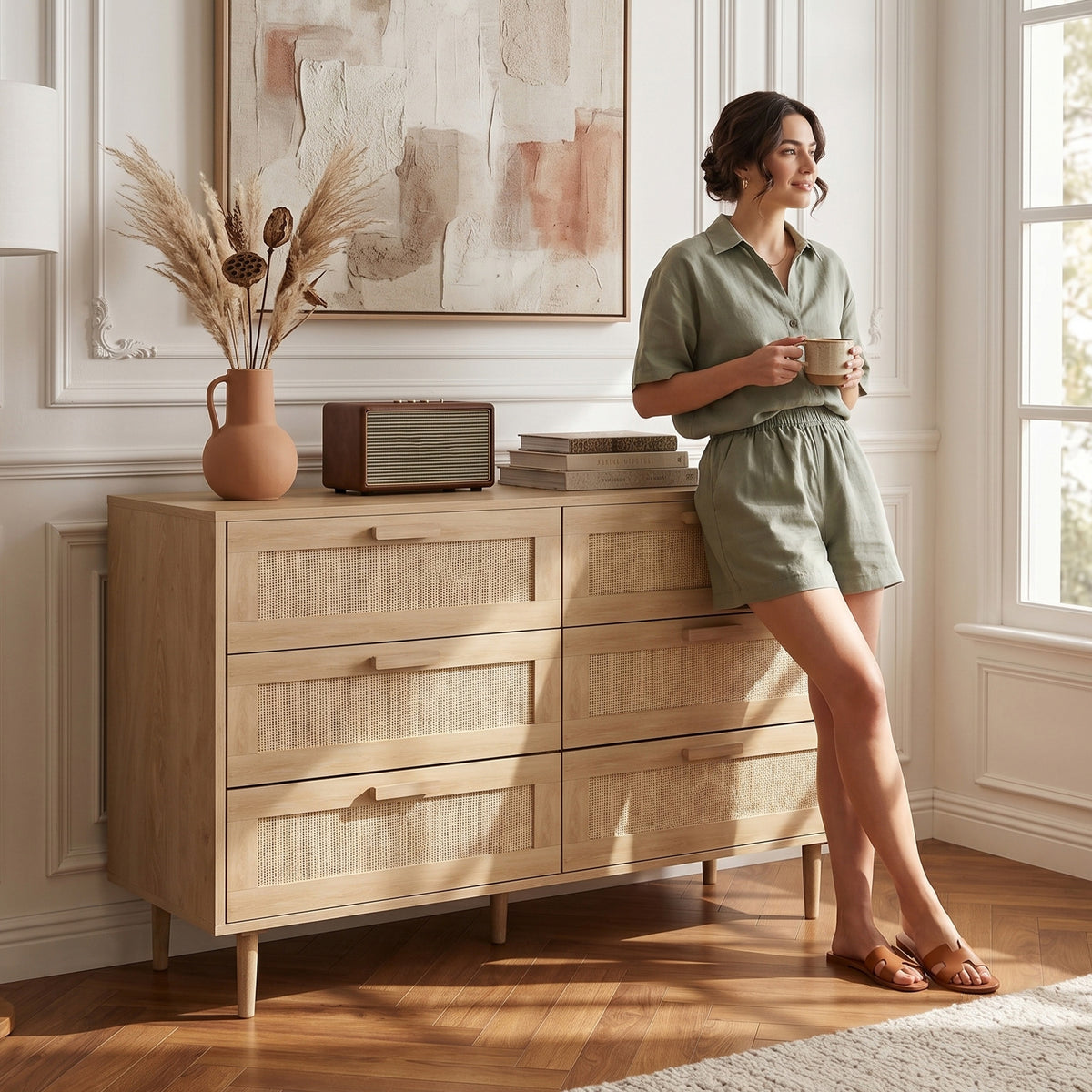 Commode 6 tiroirs meuble de rangement avec tissage en rotin dim. 110L x 40l x 75H cm Aspect Bois Clair-6
