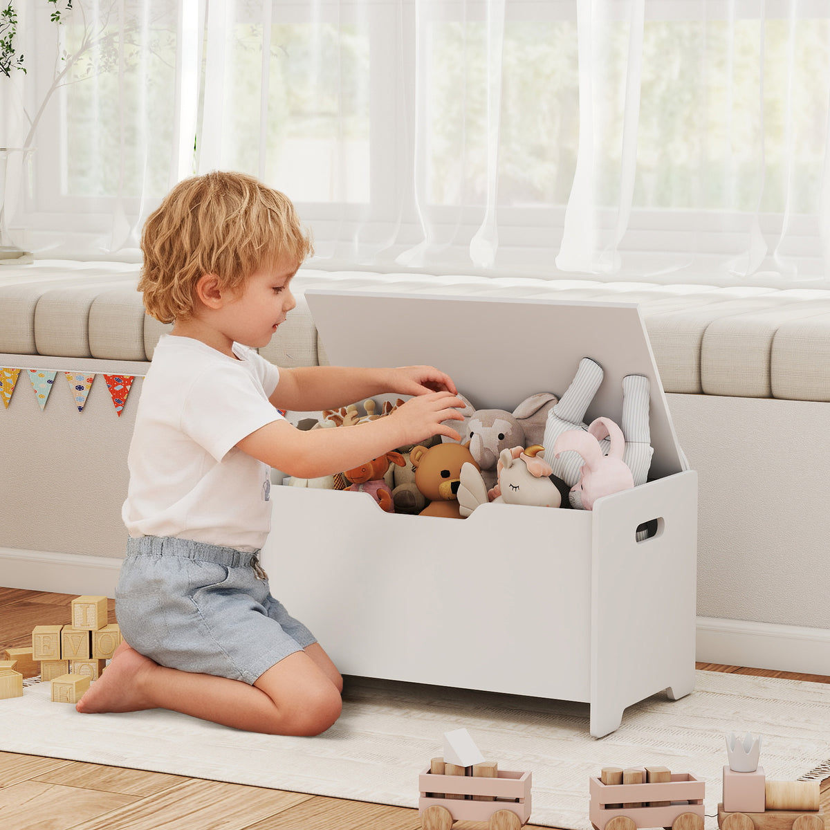 Coffre à jouet enfant avec couvercle rabattable, coffre de rangement enfant, forme d'ours, 60 x 38 x 48 cm, blanc-1