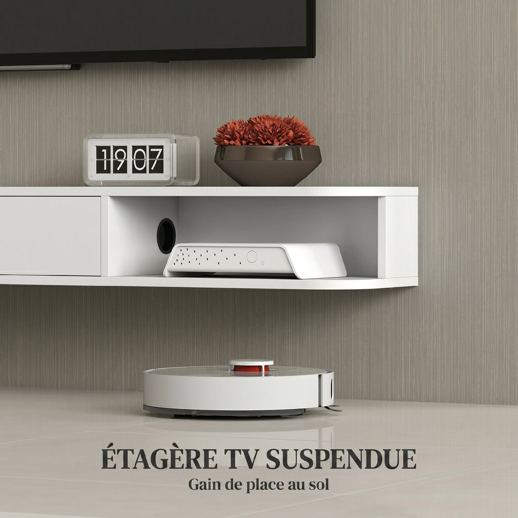Meuble TV Suspendu, Meuble Télé pour Téléviseur jusqu'à 75 Pouces, Tiroir Rabattable, 2 Étagères, 180x24x16cm, Blanc-3
