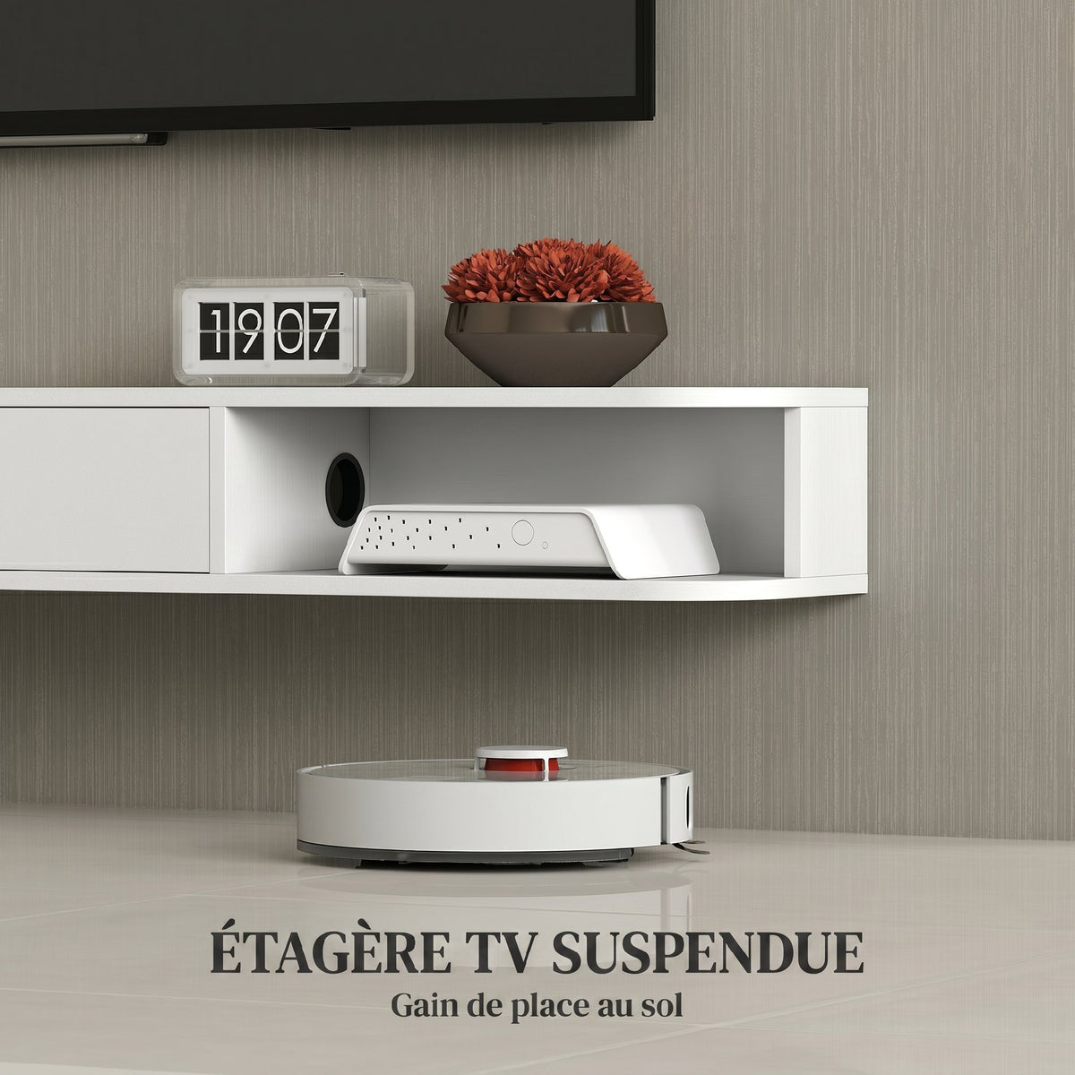 Meuble TV Suspendu, Meuble Télé pour Téléviseur jusqu'à 75 Pouces, Tiroir Rabattable, 2 Étagères, 180x24x16cm, Blanc-3