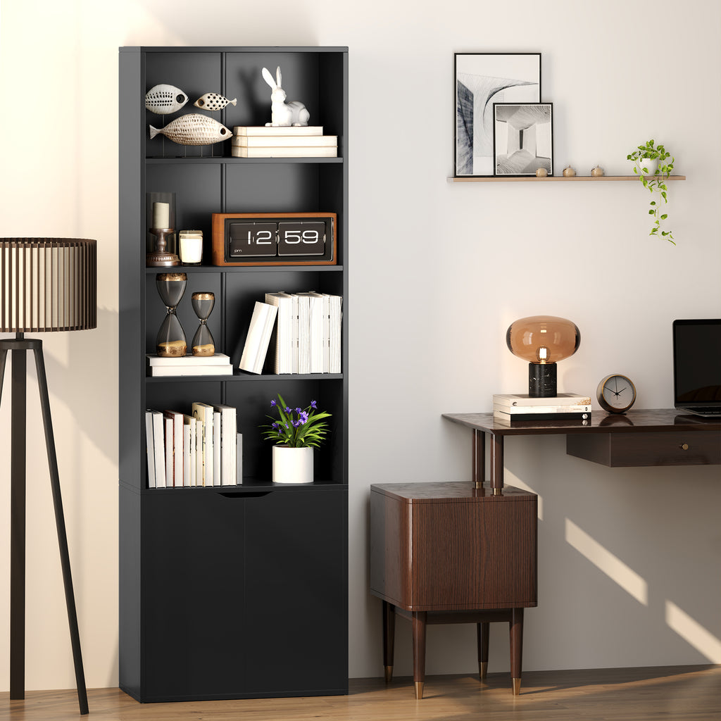 Bibliothèque Armoire à livres avec 4 compartiments ouverts et 2 portes pour le salon et le bureau 59x29x180 cm Noir-1