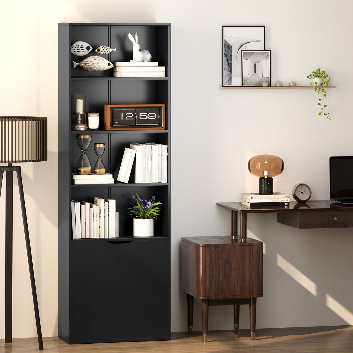 Bibliothèque Armoire à livres avec 4 compartiments ouverts et 2 portes pour le salon et le bureau 59x29x180 cm Noir-1