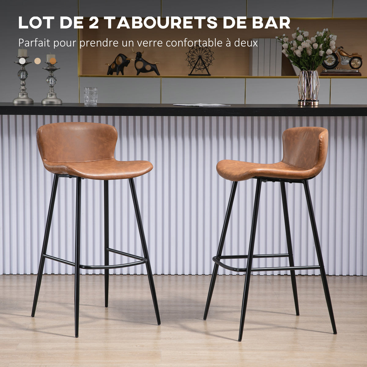 Lot de 2 tabourets de bar assise en similicuir hauteur 76 cm avec repose-pieds en acier et dossier design vintage marron-3