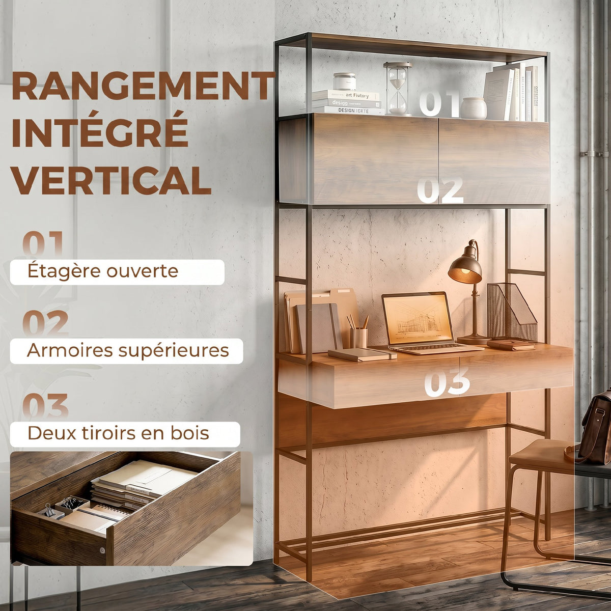 Bureau d'ordinateur avec 2 tiroirs, 100 x 45 x 185 cm, bureau avec rangement, 2 portes et étagères ouvertes, marron-3